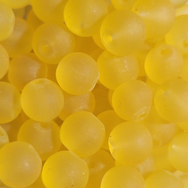 10 Beads - 10mm Frosted Sunny Yellow Sea Glass Beads Gumball Beads, Yellow Gumball Beads, Round Glass Beads, Yellow Frosted Glass Beads