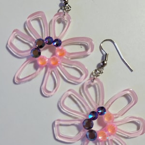 Large Acrylic Flower Power Earrings, Crystal Earrings, Pink Blue Flower Earrings, Flower Earrings, Floral Earrings, Garden Earrings