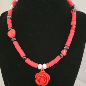 Heishi Necklace, Colorful Beaded Necklace, Charm Necklace, Vinyl Disc Necklace, OOAK Heishi Necklace, Surfer Necklace, Red Heishi Beads