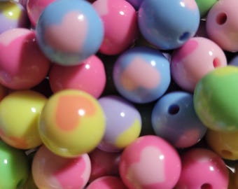 10 Beads - 12mm Acrylic Round Beads with Patterned Hearts, Pastel Beads, Heart Printed Beads, Love Beads, Friendship Beads, Valentine Beads