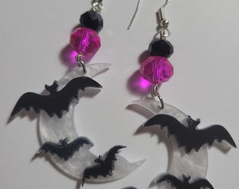 Halloween Earrings, Bat Earrings, Dangle Earrings, Acrylic Earrings, Moon Earrings, Halloween Jewelry, Halloween Accessories