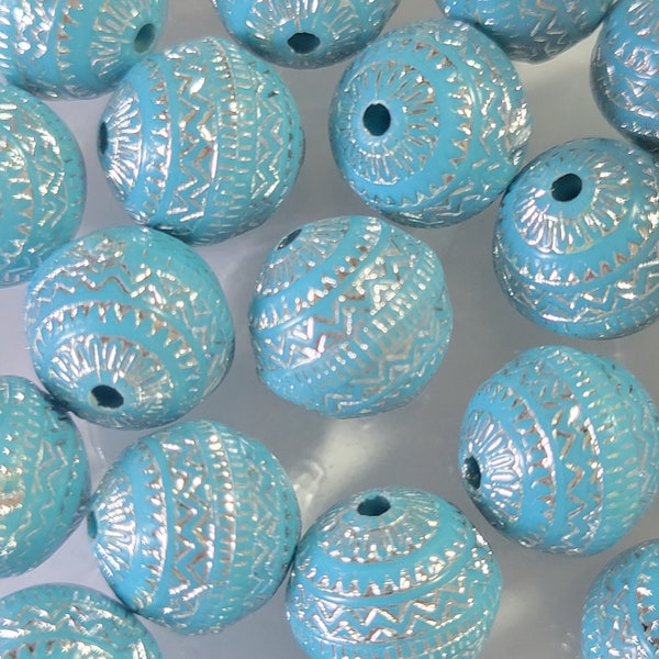 10 Beads - 11mm Cornflower Blue Acrylic Beads with a Silver Metal Enlaced Pattern, Round Light Blue Beads, Blue Beads, Blue and Silver Beads