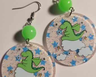 Acrylic Dinosaur Earrings with Glow in the Dark Beads , Cute Dinosaur Earrings, Green Dinosaur Earrings, Dinosaur Jewelry, Dinosaur Jewelry