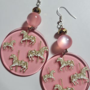 Pink Acrylic Carousel Horse Earrings, Cute Horse Earrings, Fun Earrings, Carousel Horse Jewelry, Pink Dangle Earrings, Circus Earrings