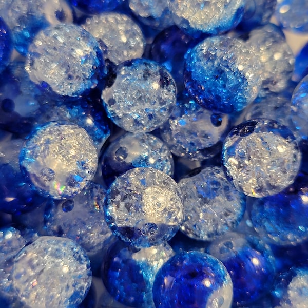 10 Beads - 8mm Blue/White Crackle Glass Beads, Blue Cracked Glass Beads, White Cracked Glass Beads, Two-Toned Crackle Glass Beads