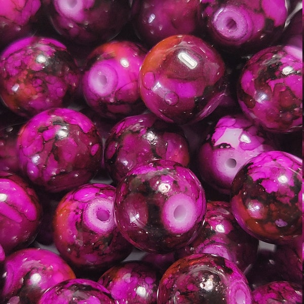 10 Beads - 10mm Fuchsia and  Dark Purple Glass Beads, Purple Gumball Beads, Small Glass Beads, Purple Glass Beads, Glass Gumball Beads