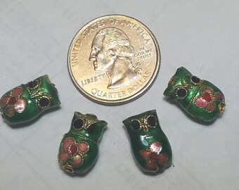 4 Beads - DARK GREEN Cloisonne OWL beads, Metal Beads!