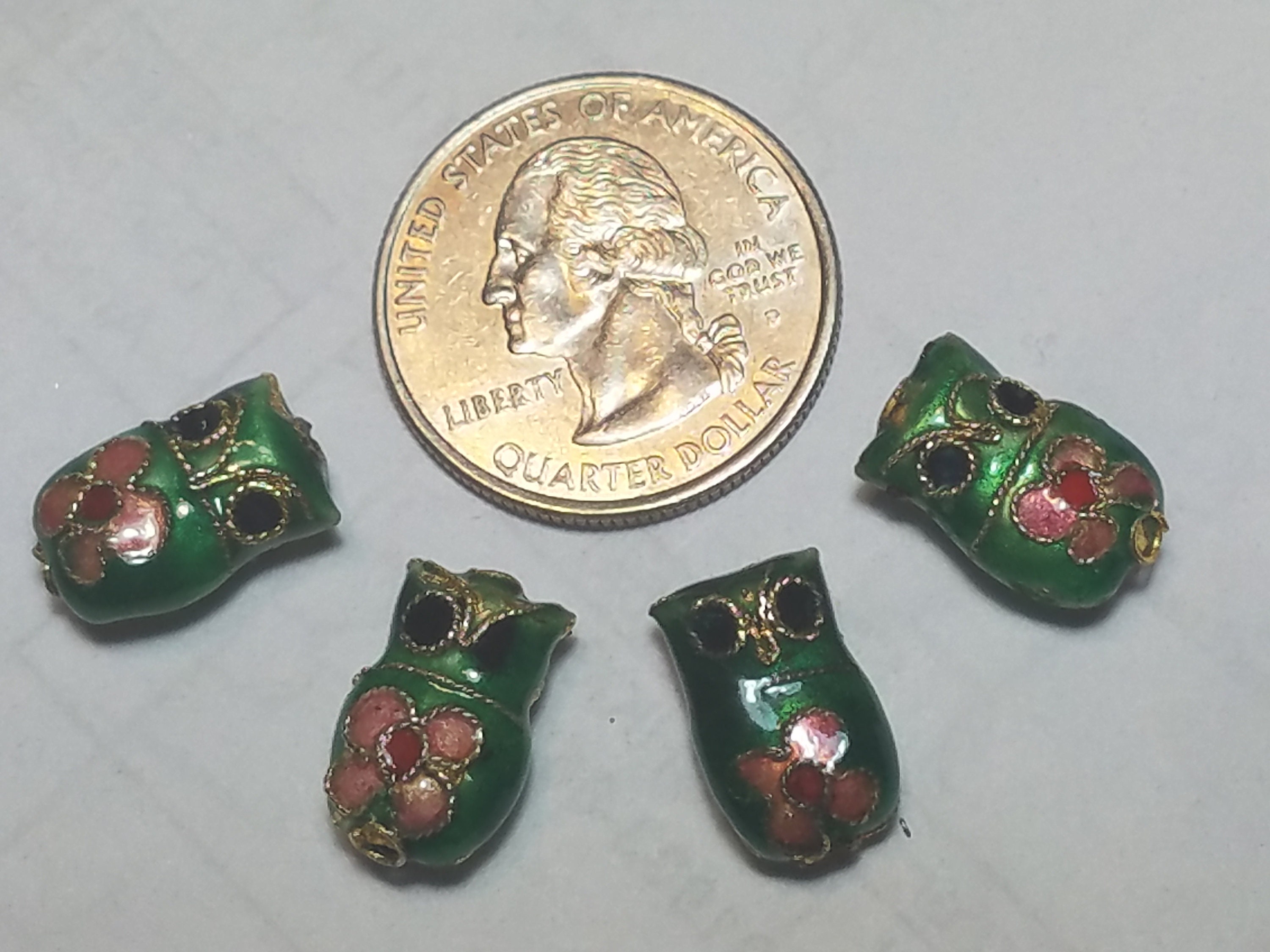 4 Beads - DARK GREEN Cloisonne OWL beads, Metal Beads!