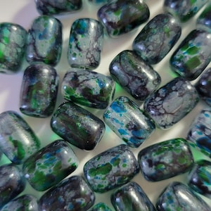 10 Beads -  10mm x 12mm Green, Gray, Blue and Black Glass Tube Beads, Tube Shaped Beads, Patterned Beads, Summer Beads