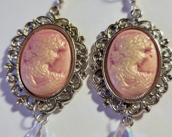 Handmade Cameo Drop Earrings, Victorian Earrings, Pink Cameo Earrings, Romantic Earrings, Dangle Earrings, Pink Crystal Earrings