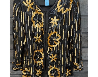 Mark & John by Gopal Vintage Sequin Beaded Silk Evening Jacket Black Gold Medium