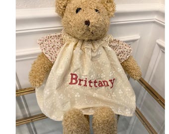 パーソナライズされたブリタニーテディベアぬいぐるみタンカーリーファー花柄アイレットドレスヴィンテージ