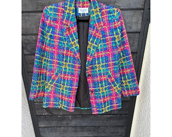 Da-Rue of California Petite blazer à carreaux néon vintage rose bleu jaune des années 80 et 90