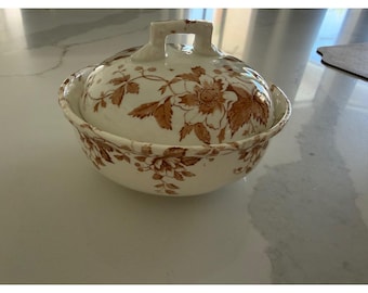 Vintage Brown Floral Transferware Keramik Butterwanne mit Abtropffläche 3-teilig