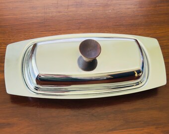 Vintage MCM Stainless Steel Butter Dish with Glass Insert and Teak Knob