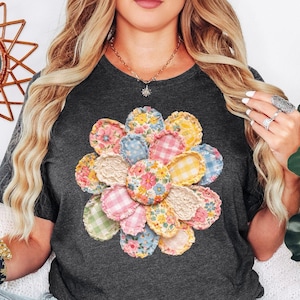 Comfort Colors® Patchwork Flower Shirt Vintage Quilt Floral Tee Cottagecore Aesthetic Cute Boho Spring Gift Trendy Style(Not real Patchwork)