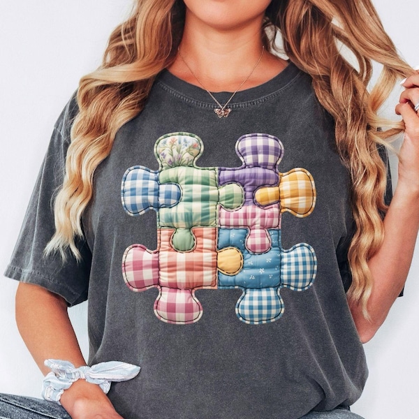 Comfort Colors® Autism Puzzle Shirt, Patchwork Neurodiversity Tee, Minimal Awareness Puzzle Piece Shirt Gift (Not real patchwork)