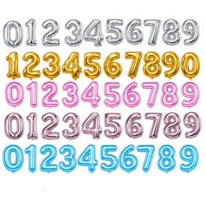 May include: A collection of foil number balloons arranged in five horizontal rows, each row featuring a different color: silver, gold, pink, rose gold, and blue. Each row contains the digits zero through nine, displayed in a bold, inflated font.