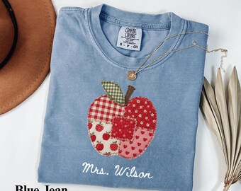 Personalized Teacher Apple Shirt, Comfort Colors® Teacher Shirt, Custom Name Teacher Gift, Back To School Teacher Tee, Patchwork Apple Shirt