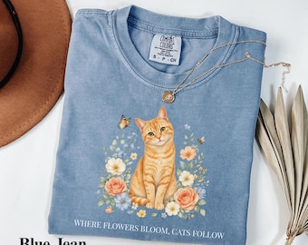 Vintage Floral Cat Shirt, Comfort Colors® Cat Lover Tee, Orange Kitten Graphic Shirt, Cottagecore Pet Lover Gift For Women Nature