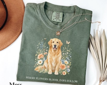 Golden Retriever Shirt, Comfort Colors® Dog Lover Tee, Floral Golden Retriever Graphic Shirt, Pet Mom Gift, Cottagecore Dog Lover Gift