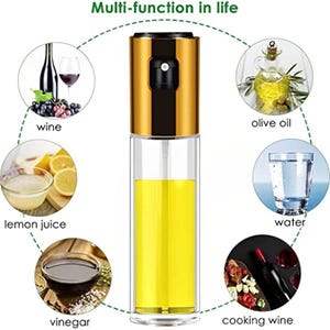 May include: A clear glass and gold-colored oil sprayer bottle filled with yellow liquid. The image shows the sprayer's multi-functionality with illustrations of wine, olive oil, lemon juice, vinegar, water, and cooking wine.