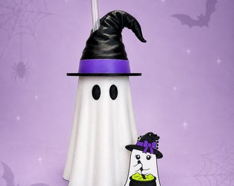 Witches Brew Ghost Can Cooler Set | Witch Hat Lid + Can Opener Keychain | Halloween Drink Holder| Standard or Skinny 12 oz Can