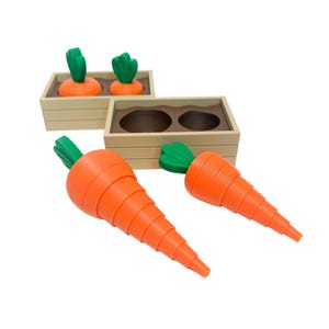 May include: Orange and green carrot toys with wooden boxes. The carrots have a segmented design and green tops. Two carrots are lying down, and two are in wooden boxes with brown interiors.