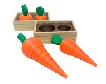May include: Orange and green carrot toys with wooden boxes. The carrots have a segmented design and green tops. Two carrots are lying down, and two are in wooden boxes with brown interiors.