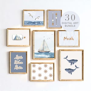 May include: A collection of nine framed nautical-themed digital art prints. The prints feature watercolor illustrations of sailboats, whales, seagulls, oars, and ship wheels in shades of blue, white, and brown. The text "30 Digital Art Bundle" is also visible.