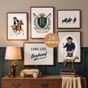 May include: A set of framed prints with a polo theme. The prints depict polo players, a crest with the letter "R", and a teddy bear in polo attire. The phrase "LONG LIVE Boyhood" is also displayed. A lamp and toy car are on a wooden surface.