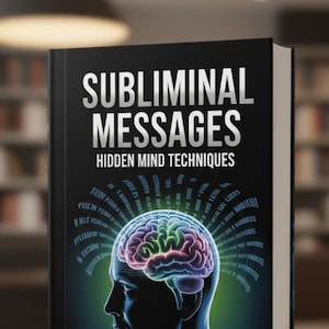 May include: A book titled "Subliminal Messages: Hidden Mind Techniques" is displayed on a wooden surface. The cover features a stylized illustration of a human head with a glowing brain, set against a gradient background.