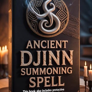Puede incluir: Un libro oscuro titulado "ANCIENT DJINN SUMMONING SPELL" con letras doradas y un emblema plateado decorativo. El libro incluye rituales protectores para invocar a los Djinns. Volutas de humo emanan de la parte superior del libro.