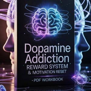 May include: A book titled "Dopamine Addiction" with the subtitle "Reward System & Motivation Reset - PDF Workbook." The cover features a glowing brain illustration in purple and blue, with a dark background and abstract design elements.