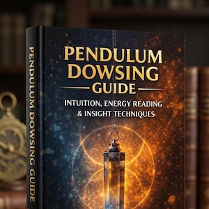 Op de afbeelding: Een boek getiteld "Pendulum Dowsing Guide" met gouden letters en een donkere achtergrond. De omslag toont een kristallen pendel die voor een gloeiend, cirkelvormig ontwerp hangt. De rug van het boek leest verticaal "Pendulum Dowsing Guide".