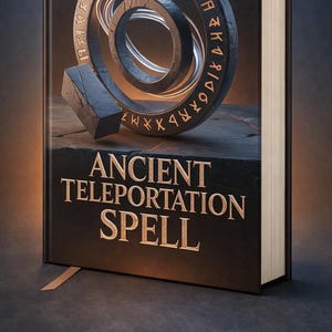 May include: A hardcover book titled "Ancient Teleportation Spell." The cover features a dark background with a 3D circular design and floating stone shapes. The title is in gold lettering.