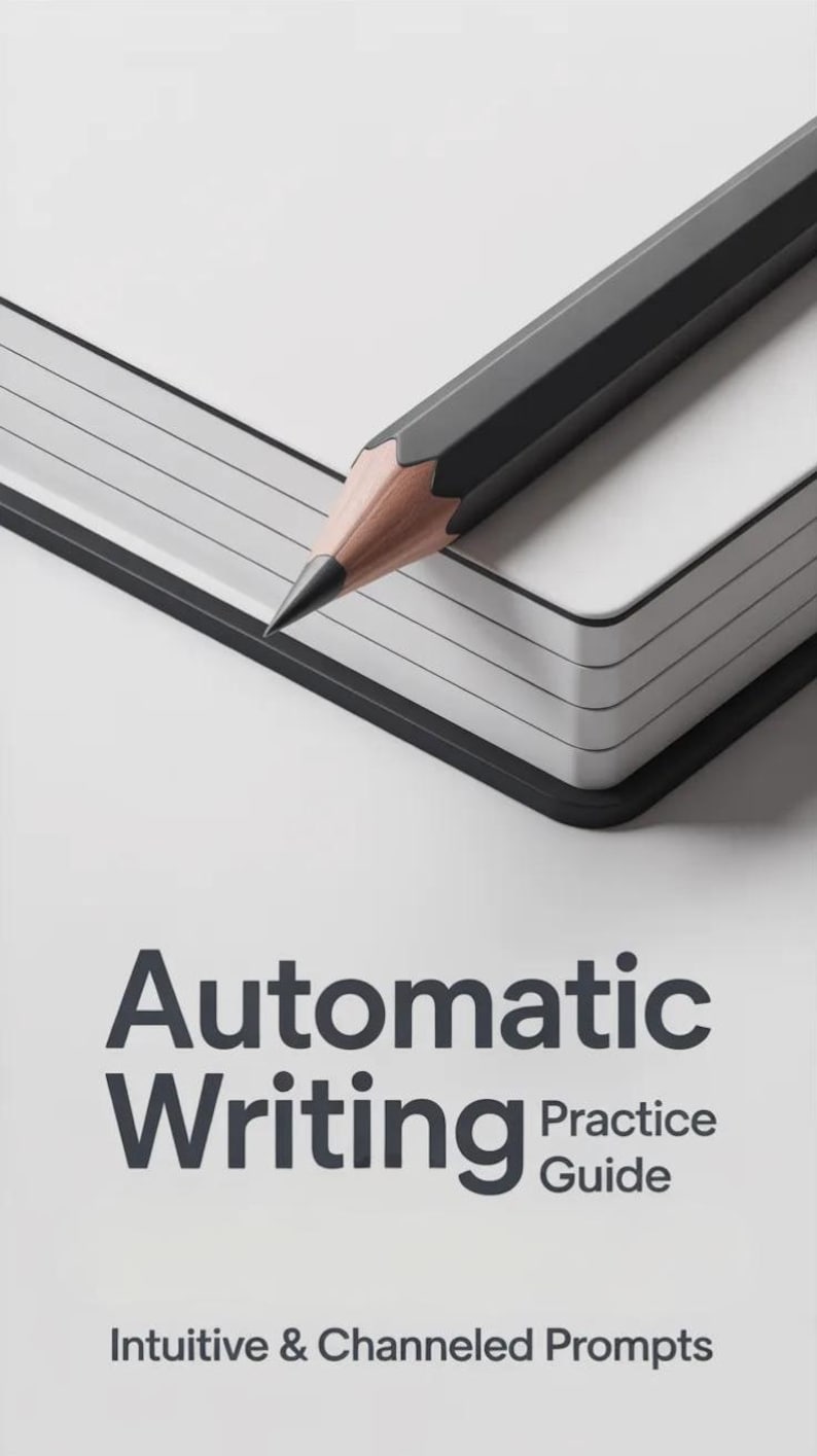 Op de afbeelding: Een zwarte potlood ligt op een wit notitieboek met gelinieerde pagina's. De tekst "Automatic Writing Practice Guide" en "Intuitive & Channeled Prompts" staan eronder. De punt van de potlood is geslepen.