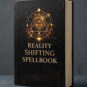 Puede incluir: Un libro de tapa dura negro con el texto dorado REALITY SHIFTING SPELLBOOK impreso en la portada. Sobre el texto hay un diseño geométrico dorado brillante que presenta un triángulo dentro de un círculo, rodeado de pequeños destellos estelares.
