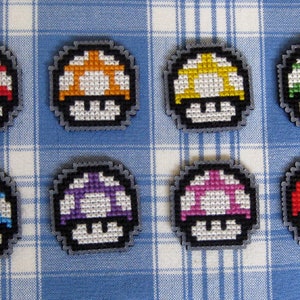 Cross stitched pin badge: Mario Mushroom