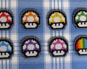 Cross stitched pin badge: Mario Mushroom