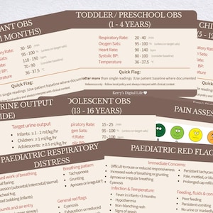 Puede incluir: Un conjunto de gráficos de observación pediátrica marrones y beige. Los gráficos incluyen información sobre los signos vitales de bebés, niños pequeños, niños y adolescentes, la producción de orina, la dificultad respiratoria y las banderas rojas. También incluye una guía de evaluación del dolor.