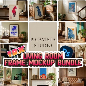 May include: A selection of framed art prints, featuring a red horse, a blue dog, and a beach scene, presented in a living room. The image also includes the text "10X LIVING ROOM FRAME MOCKUP BUNDLE".