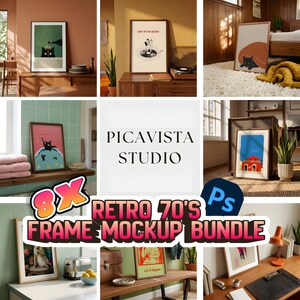 May include: A selection of framed art prints displayed in different rooms. The prints showcase illustrations of a black cat, a red building, and other retro designs. The text "8X RETRO 70'S FRAME MOCKUP BUNDLE" is also visible.