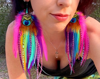 PIXIE PEACOCK Long Feather Earrings