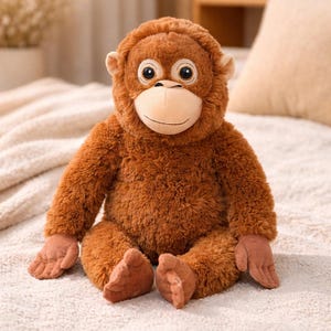 Puede incluir: Un peluche de orangután con pelaje marrón, cara beige y ojos grandes y amigables. El juguete está sentado sobre una manta color crema, con los brazos y las piernas extendidos. El tema general es un juguete para niños.