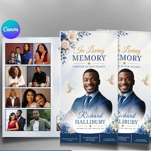 May include: A trifold funeral program template featuring blue and white floral accents, white doves, and the text In Loving Memory Forever In Our Hearts. The design includes a central portrait of a man in a suit and multiple photo collage panels.