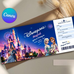 Könnte beinhalten: Ein rechteckiges Disneyland-Eintrittsticket mit blauem Hintergrund, einem Schloss, Feuerwerk und Charakteren wie Cinderella, Prinz Charming, Elsa, Anna und Rapunzel. Das Ticket enthält Felder für Name, Datum, Zielort und eine Nachricht.