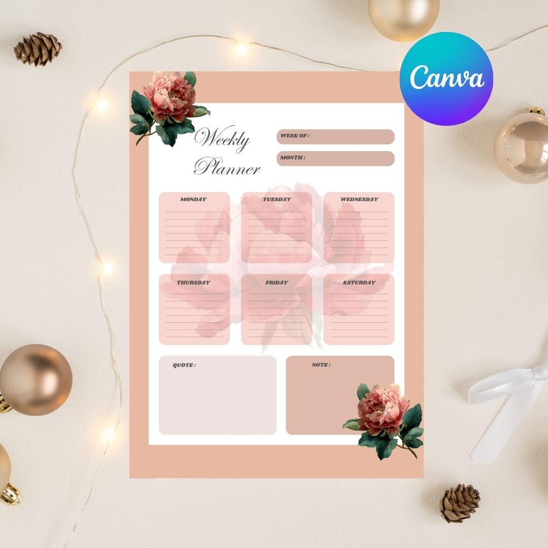 Floral Weekly Planner Printable | Pink Canva Template - Etsy Australia
