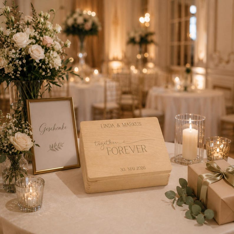May include: A wooden box with the words "LINDA & MARKUS" and "together FOREVER" engraved on the lid, along with the date "30. MAI 2026". A framed sign and candles are also on the table, with floral arrangements in the background.