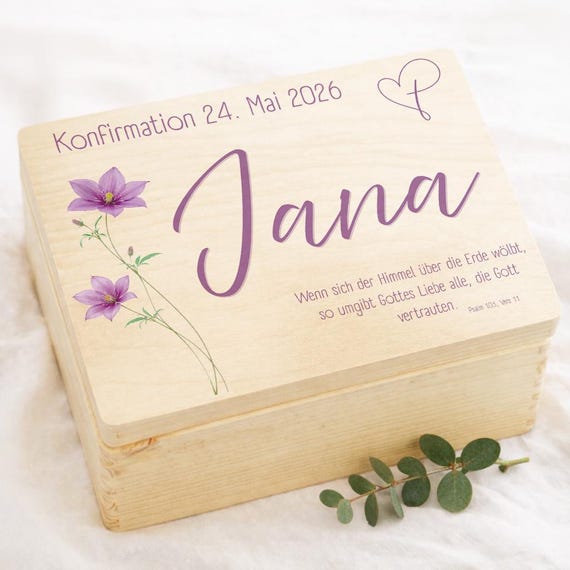 Konfirmation Geldgeschenk Holzbox personalisiert mit Name | Lila Blumen schlicht modern | Geschenk Mädchen mit Bibelvers | Erinnerung